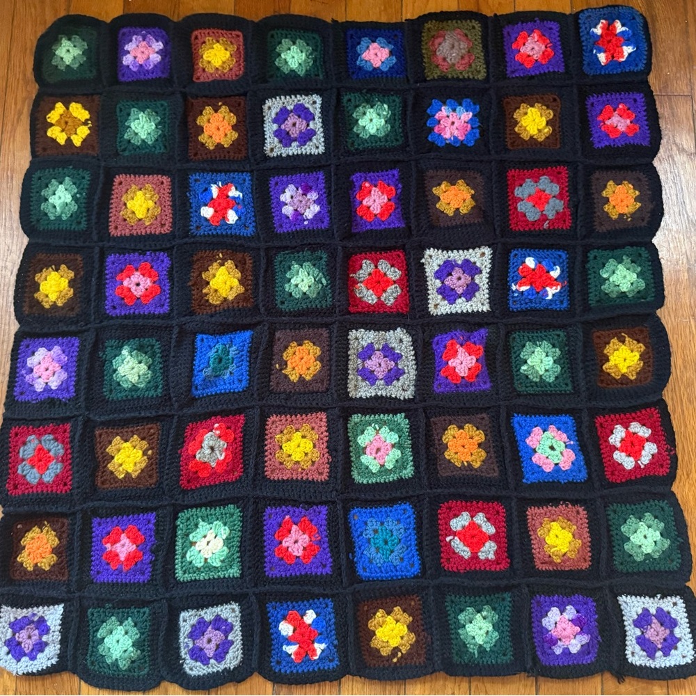 VTG Granny 3D Square Lap Baby Knit Crochet Afghan Throw Blanket 40”x42" Roseanne